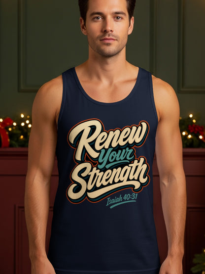 Dark blue tank top with "Renew Your Strength Isaiah 40:31" text.