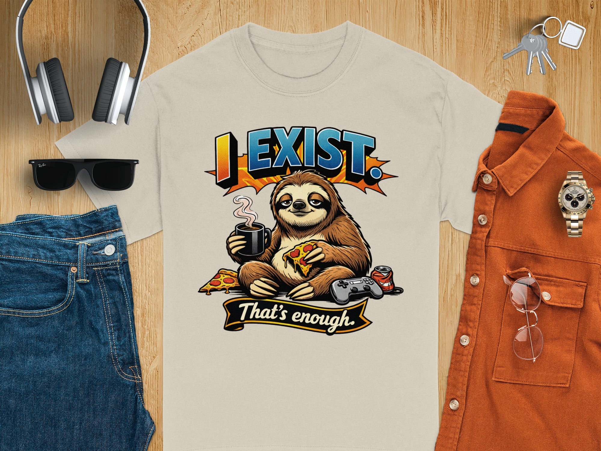 T-shirt graphic of a sloth with coffee, pizza, and video game controller, text "I EXIST. That's enough."