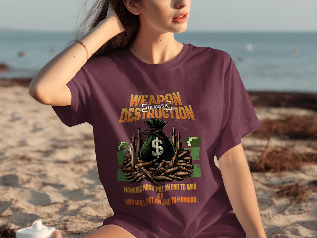 Maroon t-shirt with "Weapon of Mass Destruction" graphic, money bag, bullets, and text.