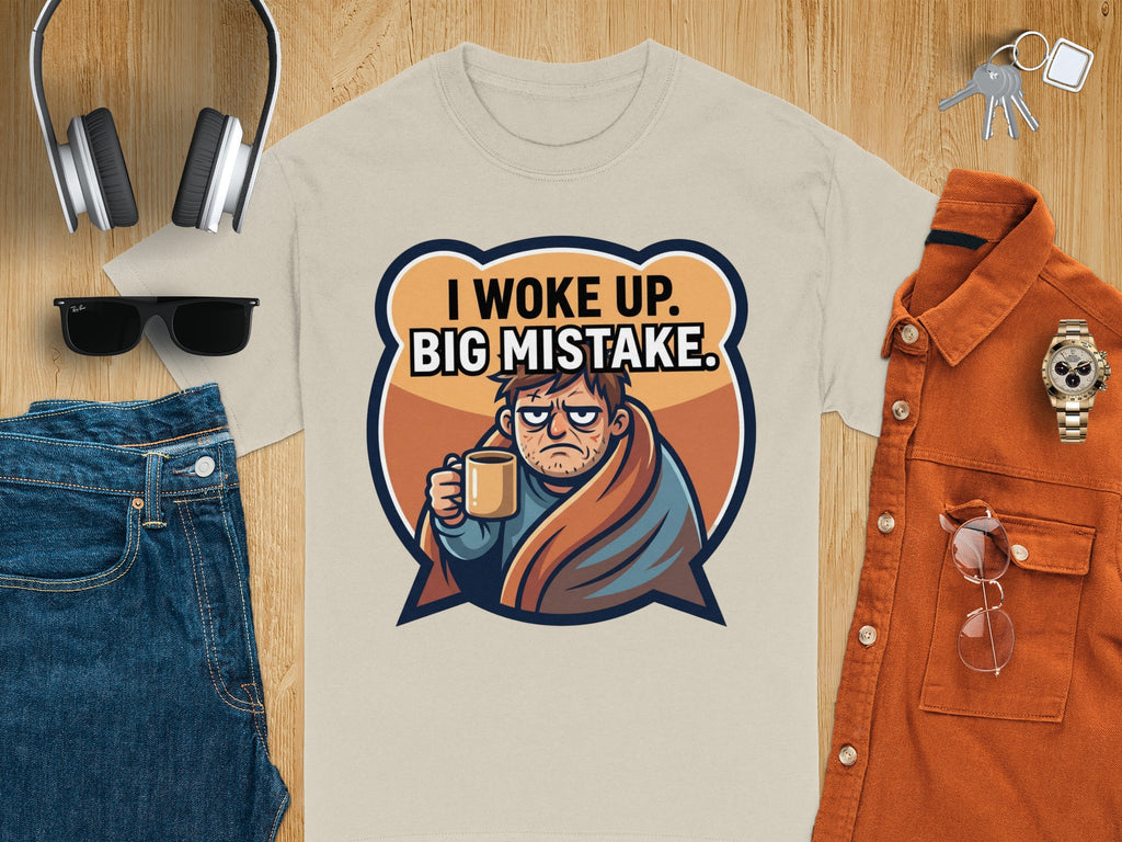 T-shirt with cartoon of tired person holding mug, text "I WOKE UP. BIG MISTAKE."
