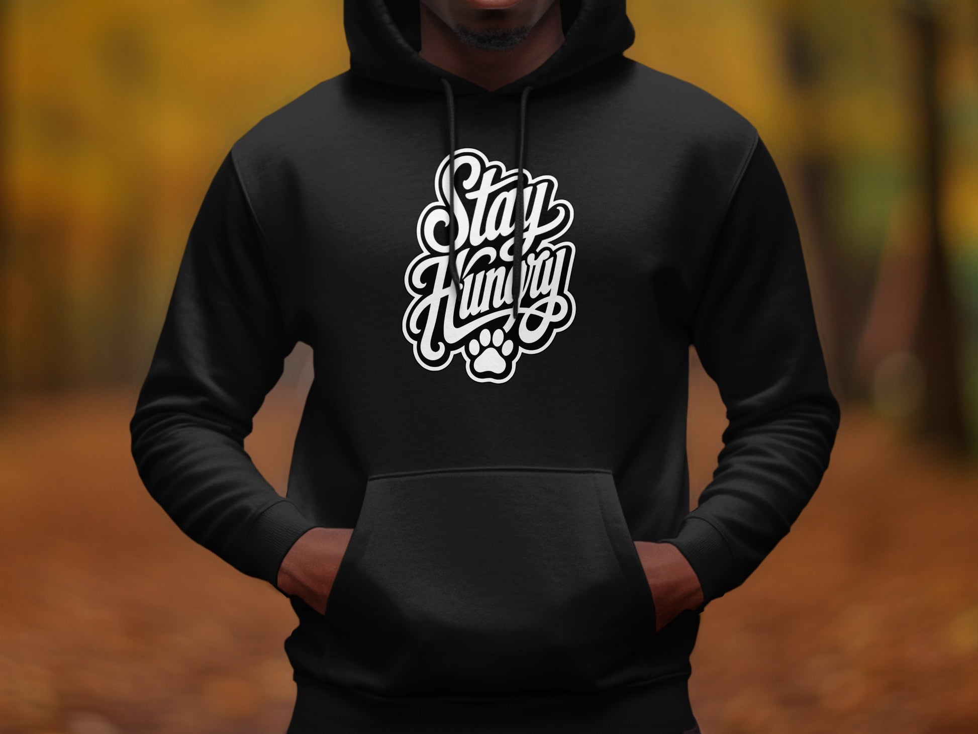 Black hoodie with white "Stay Hungry" text and a paw print graphic.