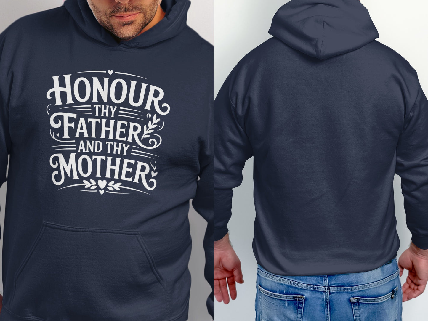 Navy hoodie with "Honour Thy Father and Thy Mother" text and floral accents.