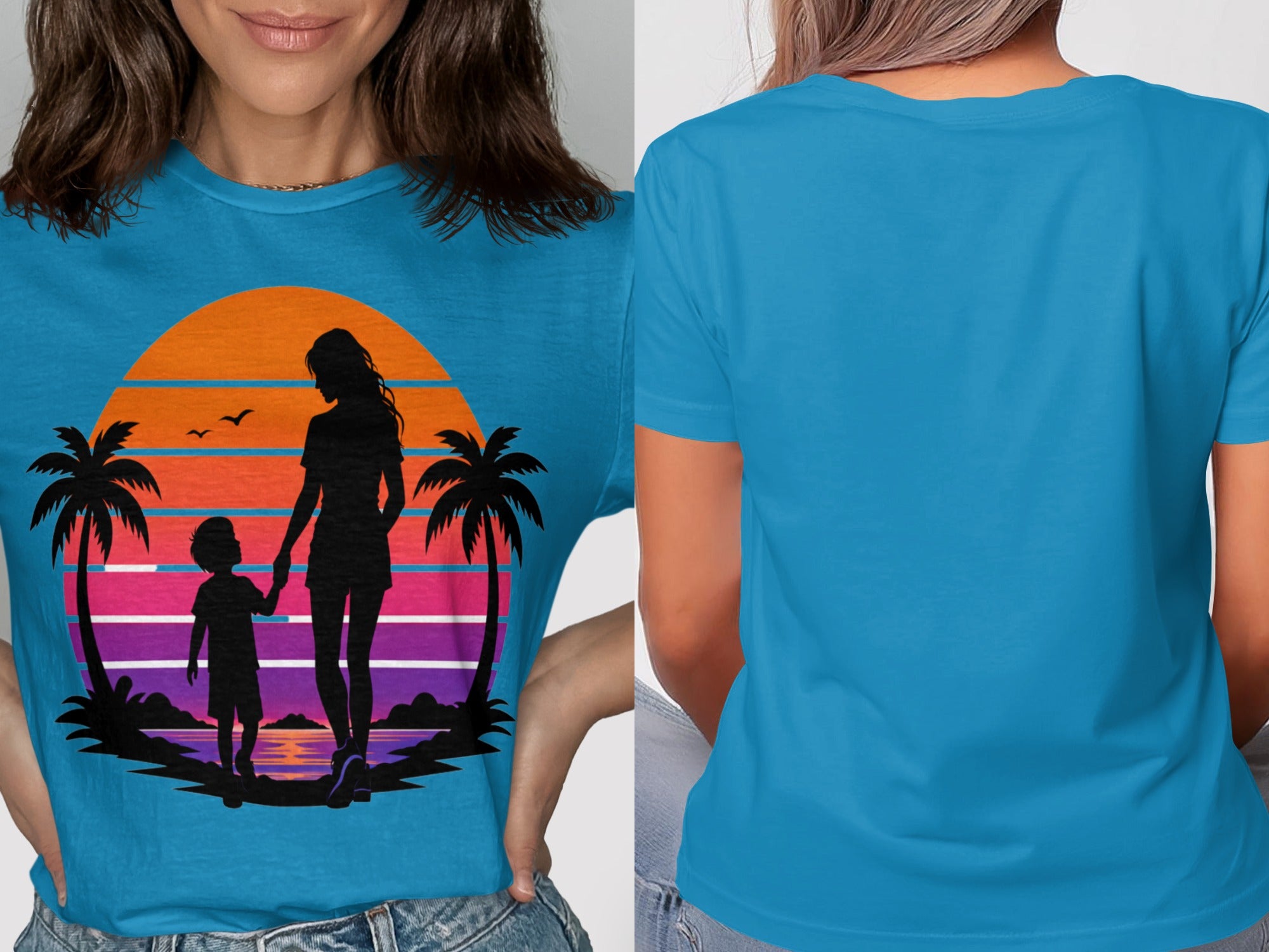 Turquoise t-shirt with mother and child silhouette on sunset beach background.