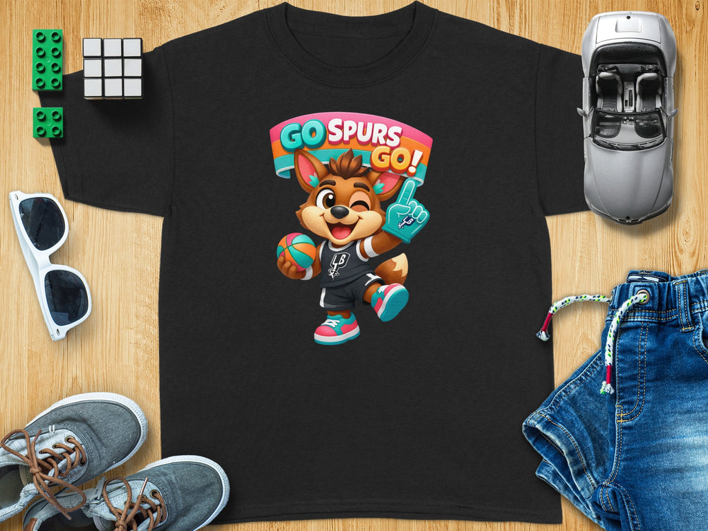Black t-shirt with cartoon coyote in Spurs uniform and "Go Spurs Go!" banner.