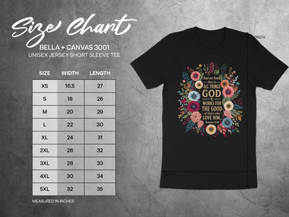 Size chart for Bella + Canvas 3001 unisex t-shirt with floral graphic.