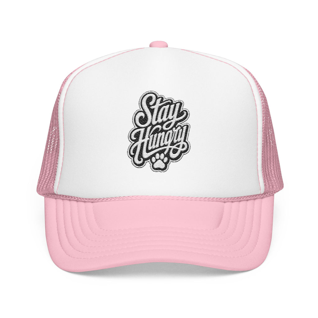 Pink trucker hat with "Stay Hungry" text and paw print graphic.