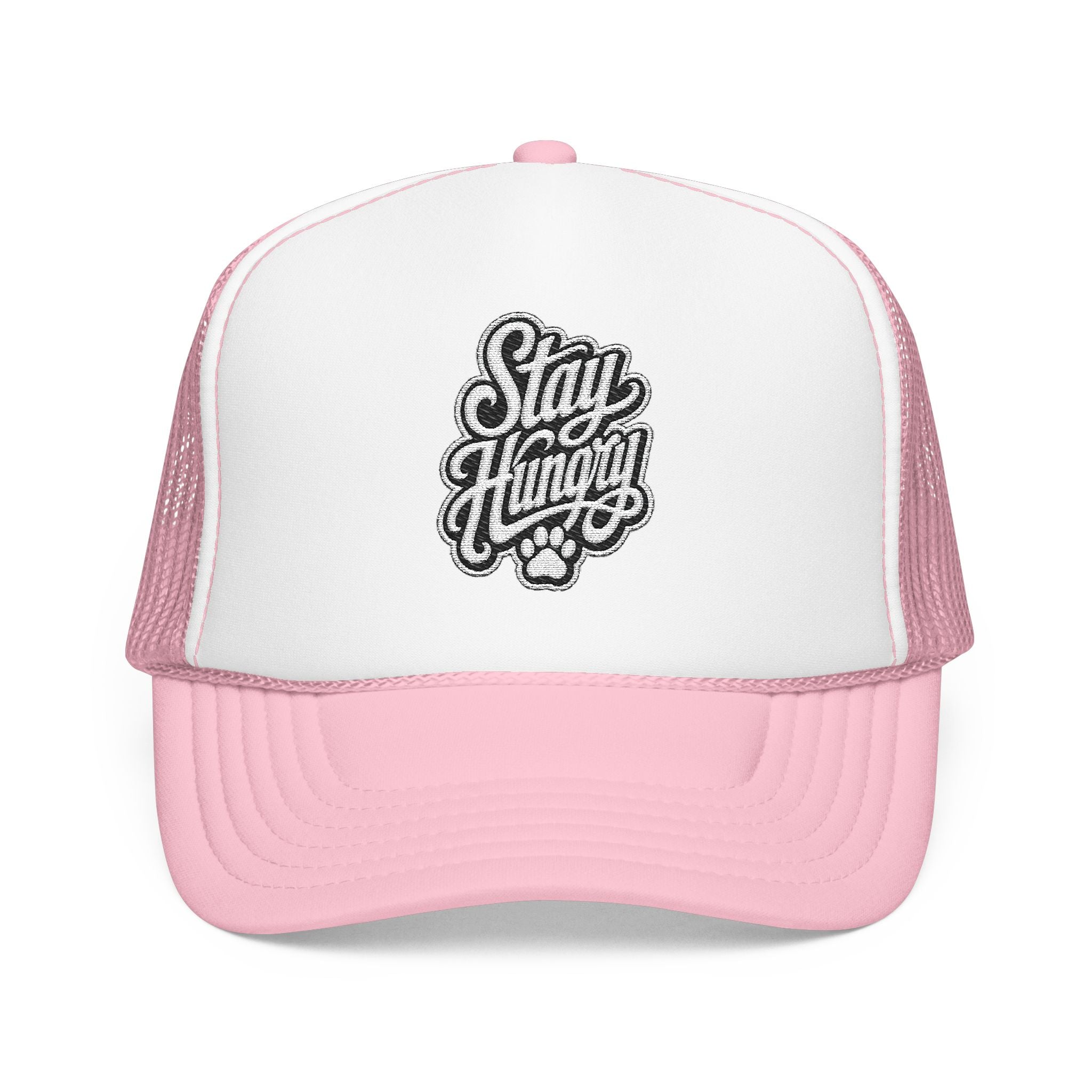Pink trucker hat with "Stay Hungry" text and paw print graphic.