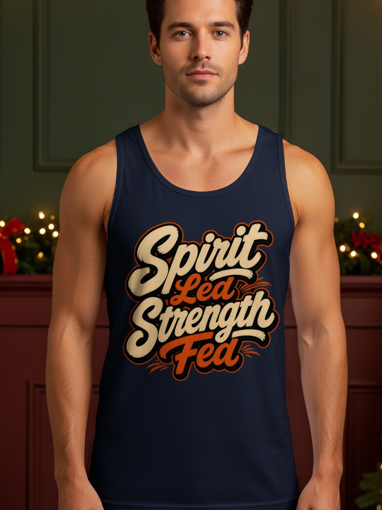 Navy tank top with "Spirit Led Strength Fed" text in cream and orange lettering.