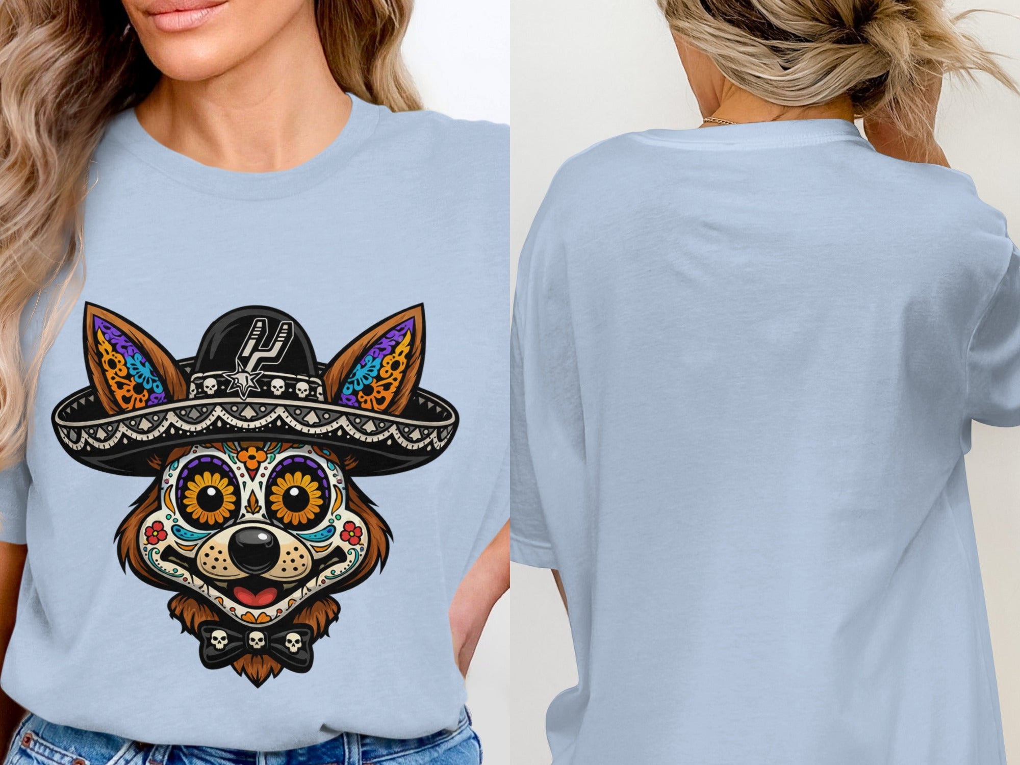 Light blue t-shirt front with dog skull-face graphic wearing a sombrero; back view.