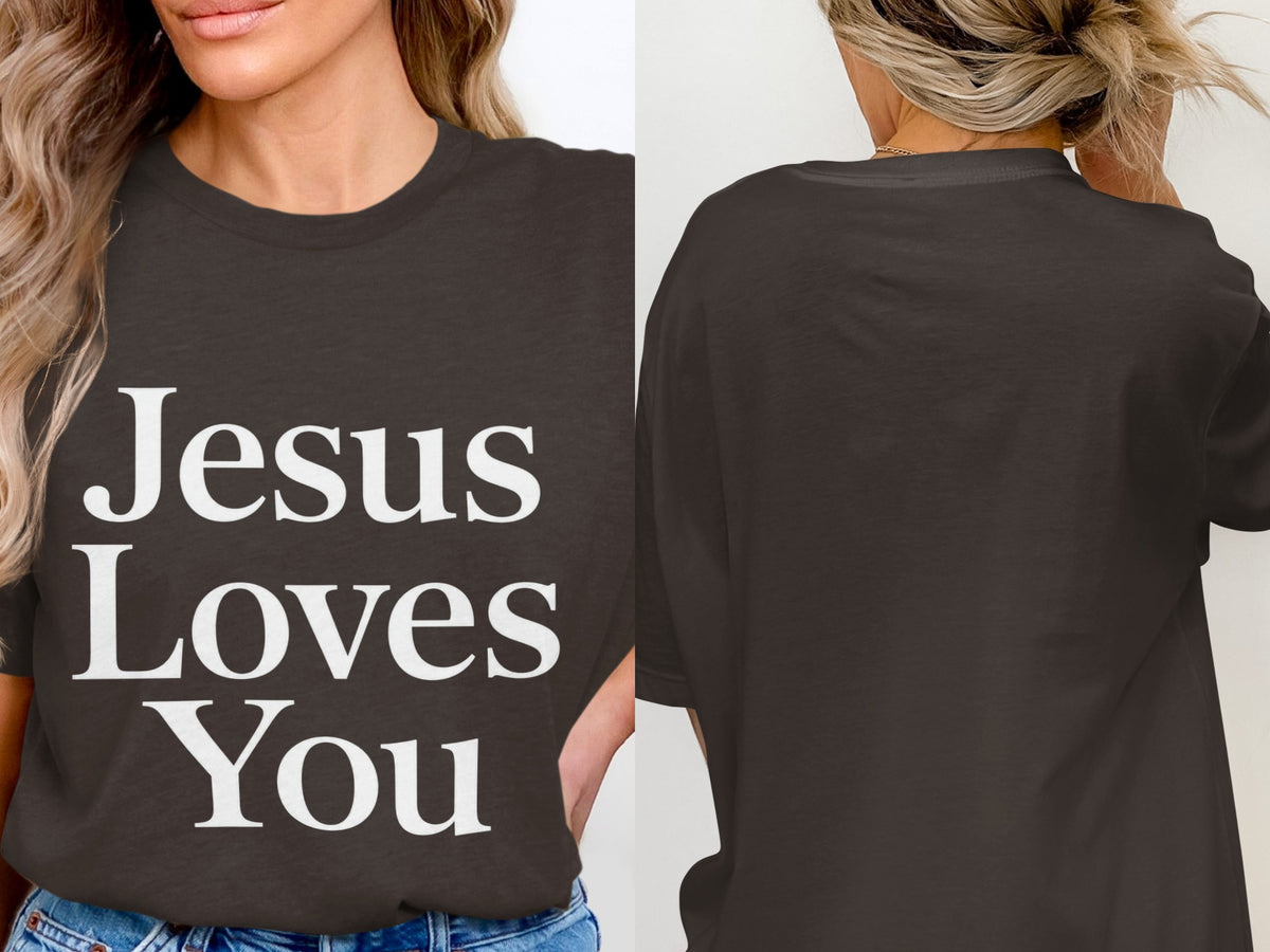 Dark grey t-shirt with white text "Jesus Loves You" on front.