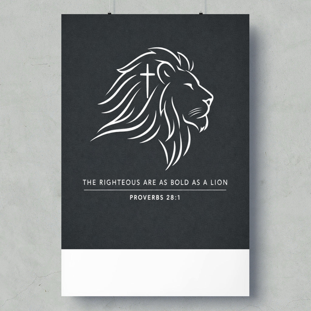 White lion head with cross, text "The Righteous Are As Bold As A Lion".