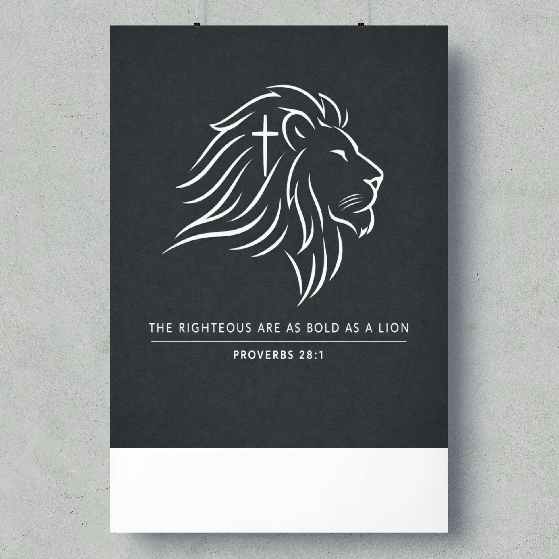 White lion head with cross, text "The Righteous Are As Bold As A Lion".
