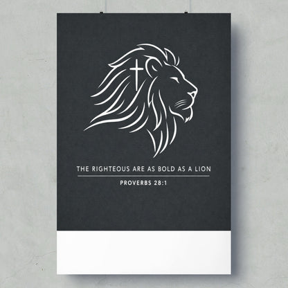 White lion head with cross, text "The Righteous Are As Bold As A Lion".