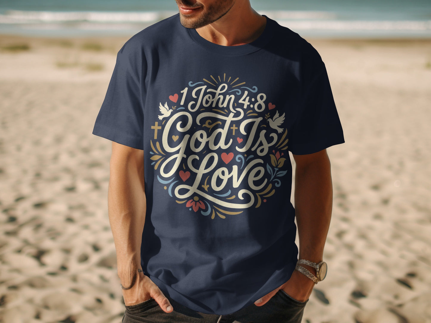 Navy t-shirt with "God Is Love" and "1 John 4:8" design and doves.