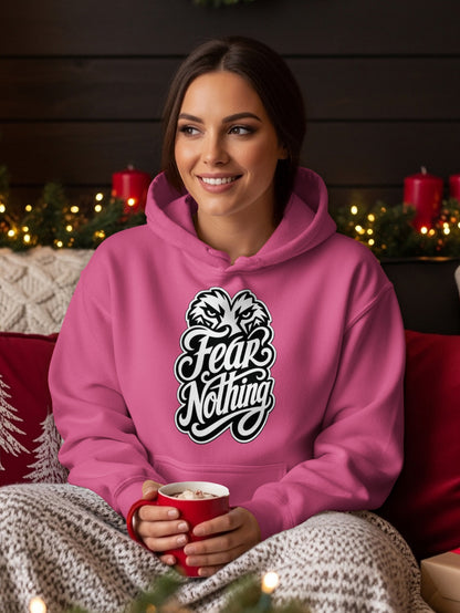 Pink hoodie with "Fear Nothing" text and eagle graphic on chest.