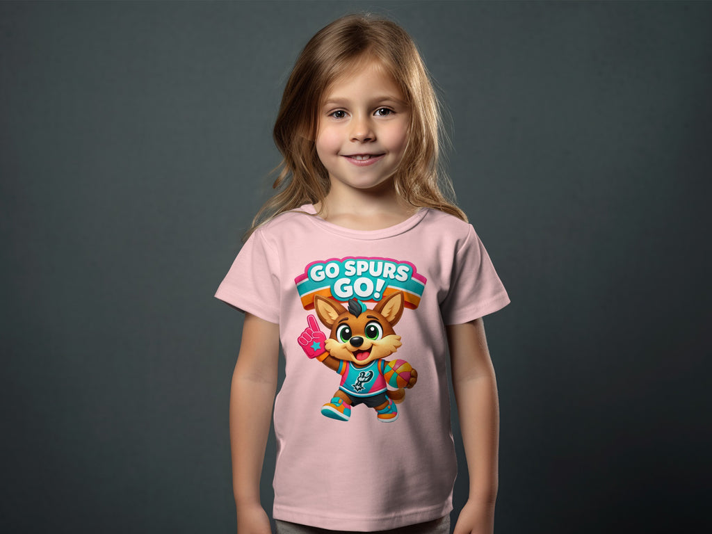 Girl wearing pink t-shirt with cartoon fox character holding basketball and "Go Spurs Go!" text.