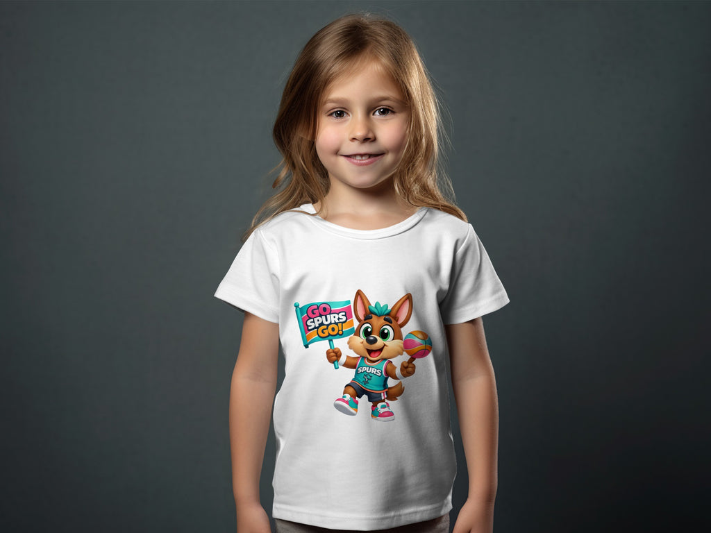 T-shirt with cartoon coyote holding "Go Spurs Go!" sign and basketball.