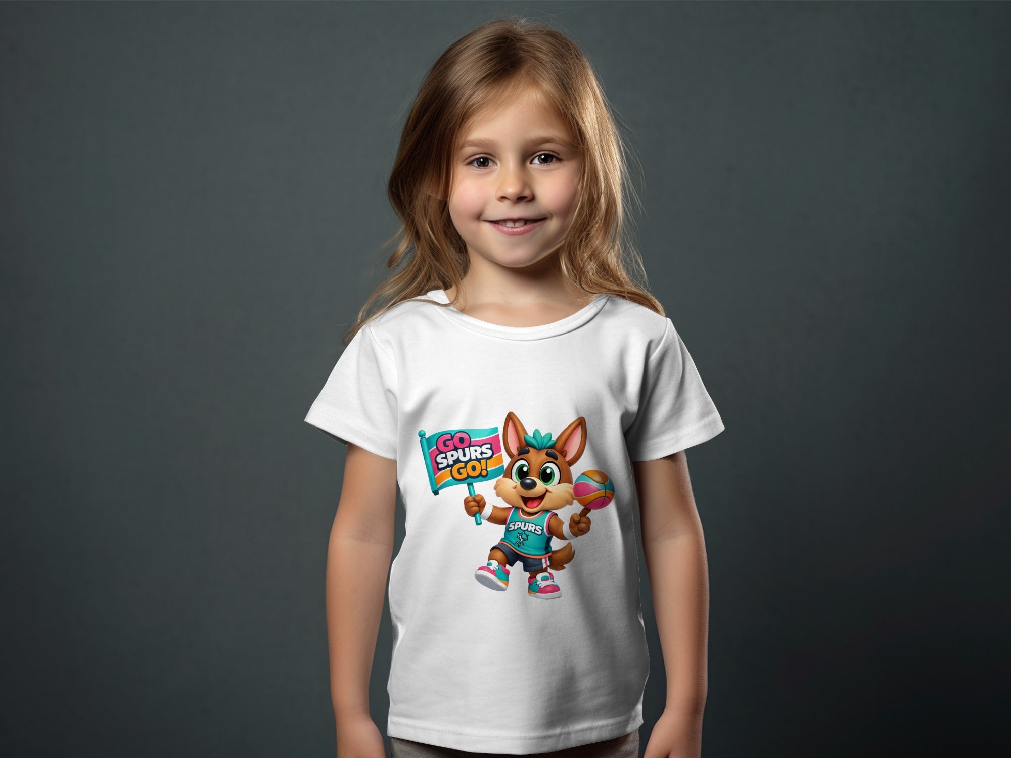 T-shirt with cartoon coyote holding "Go Spurs Go!" sign and basketball.