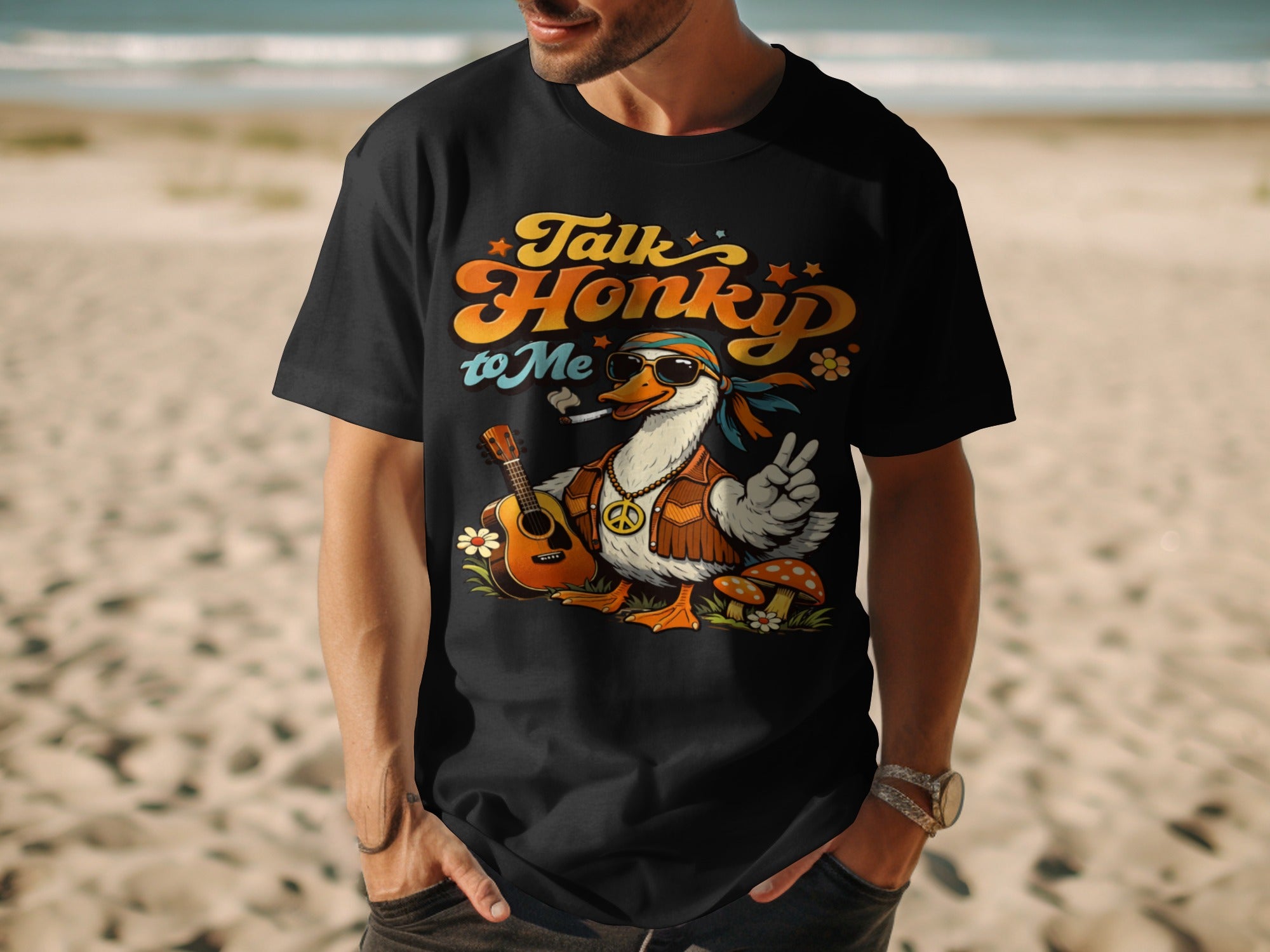 Black t-shirt with "Talk Honky to Me" and psychedelic duck graphic.