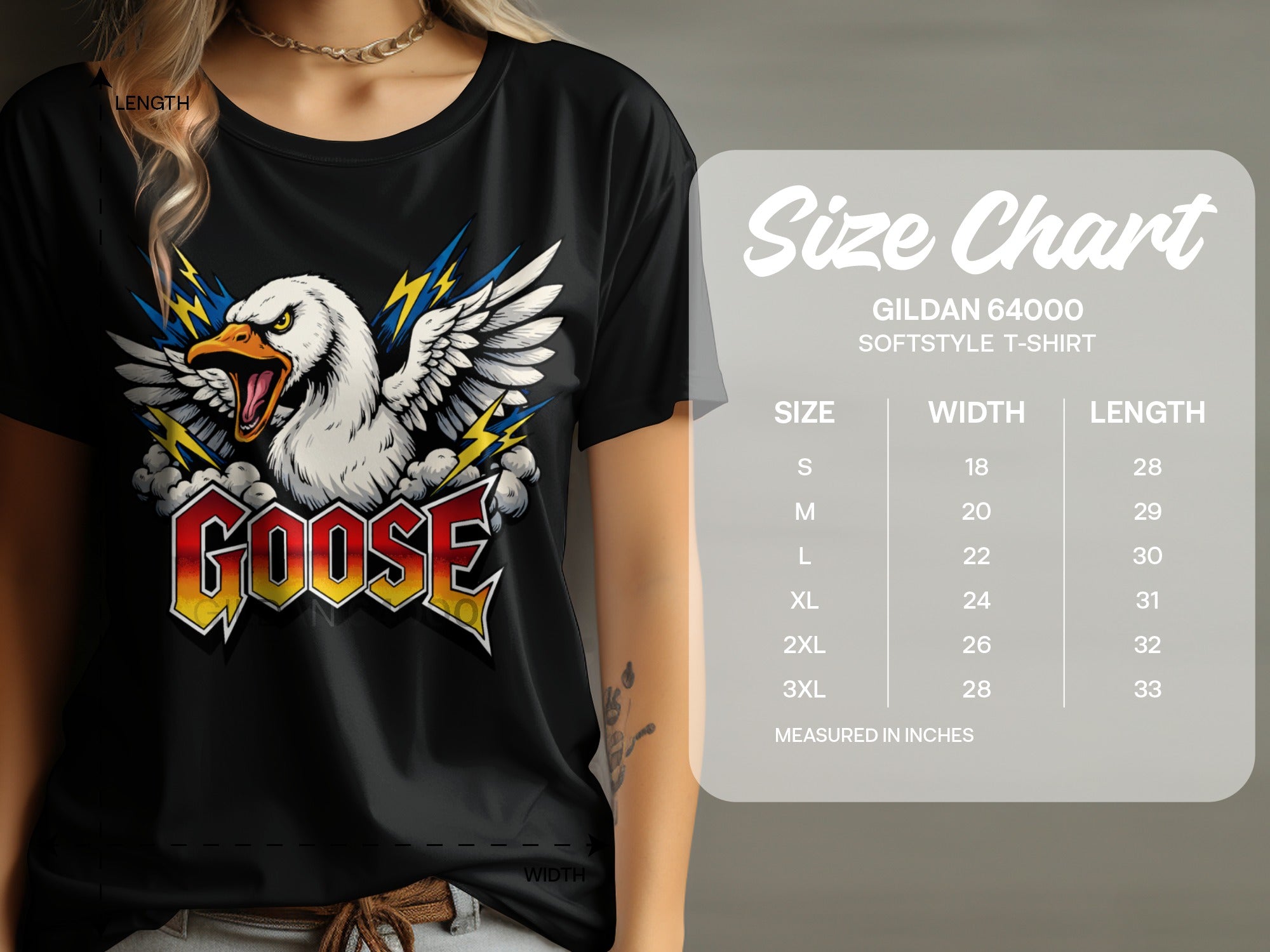 Black Gildan 64000 t-shirt with aggressive goose graphic and size chart.