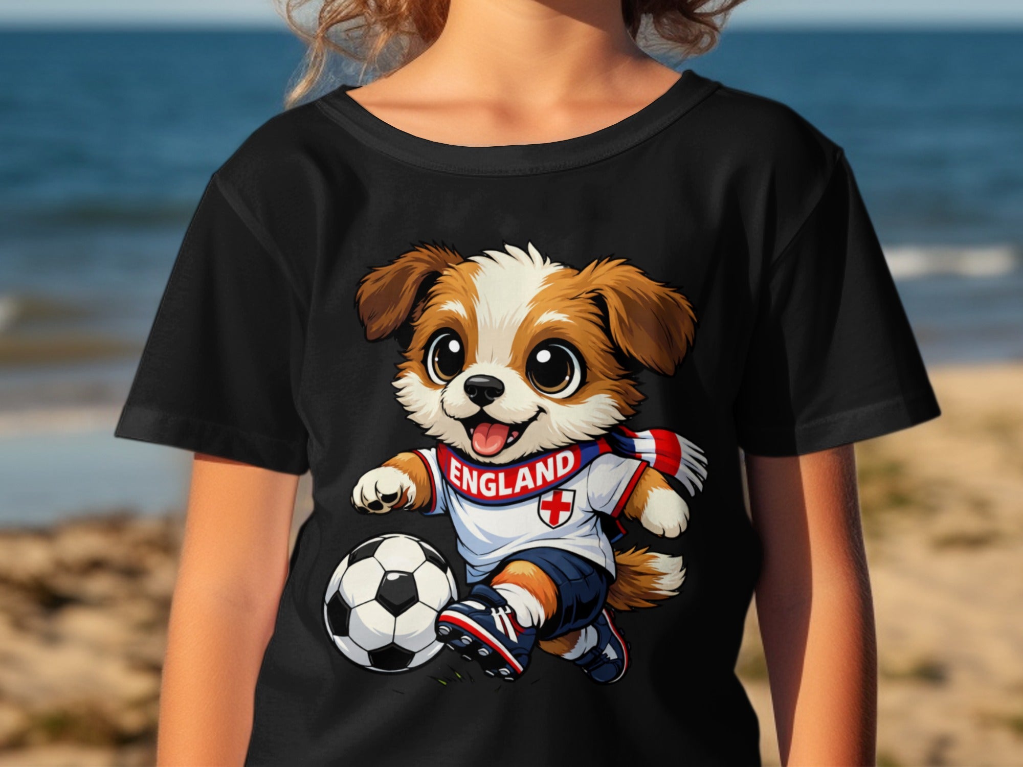 Cartoon dog wearing an England soccer kit kicks a ball on a black t-shirt.