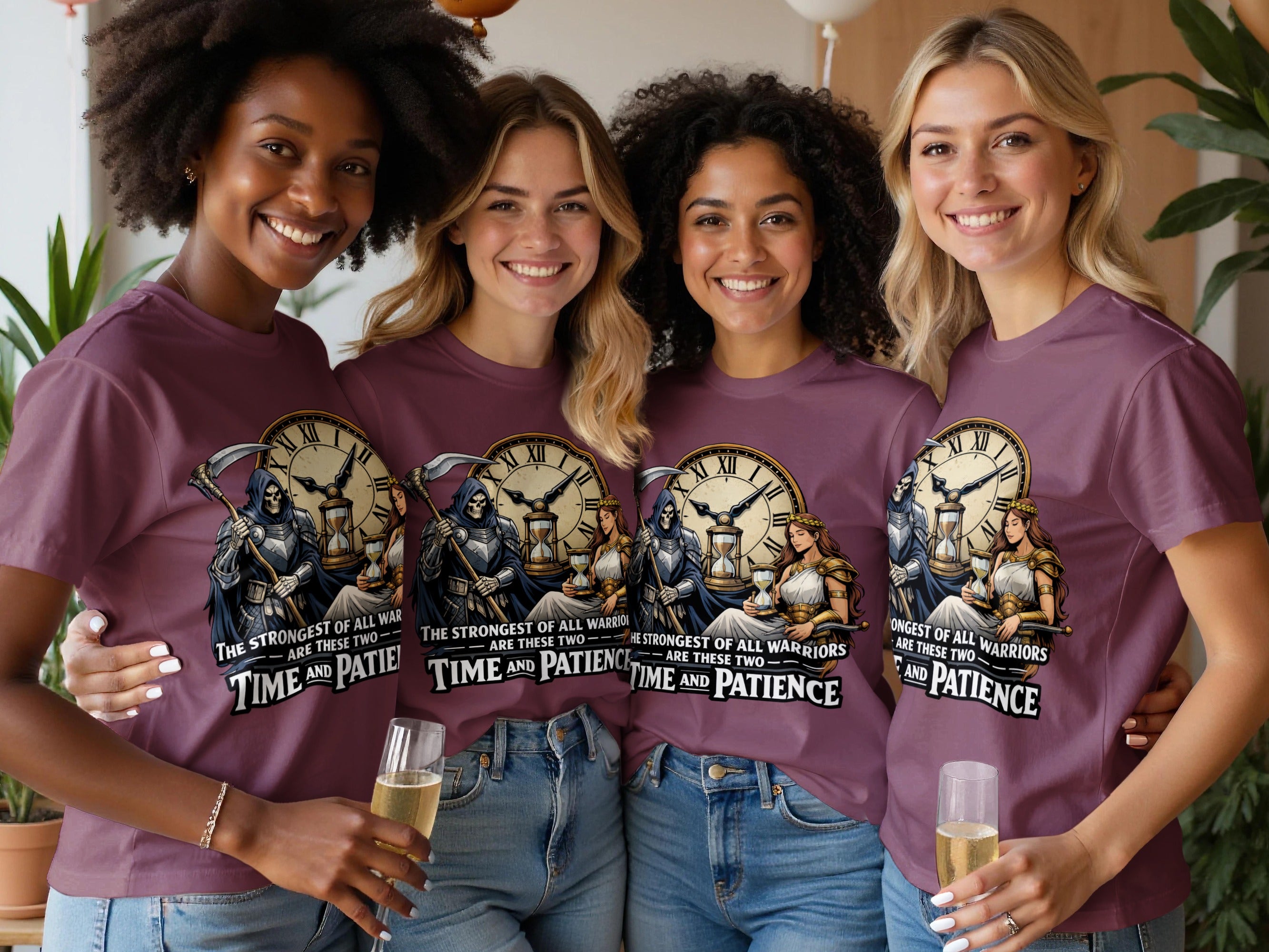 Four women wear purple t-shirts with a "Time and Patience" graphic.