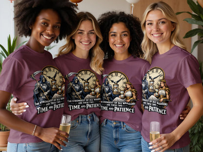 Four women wear purple t-shirts with a "Time and Patience" graphic.