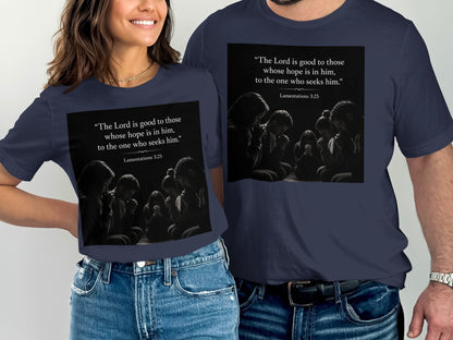 Navy t-shirts with "The Lord is good to those whose hope is in him."