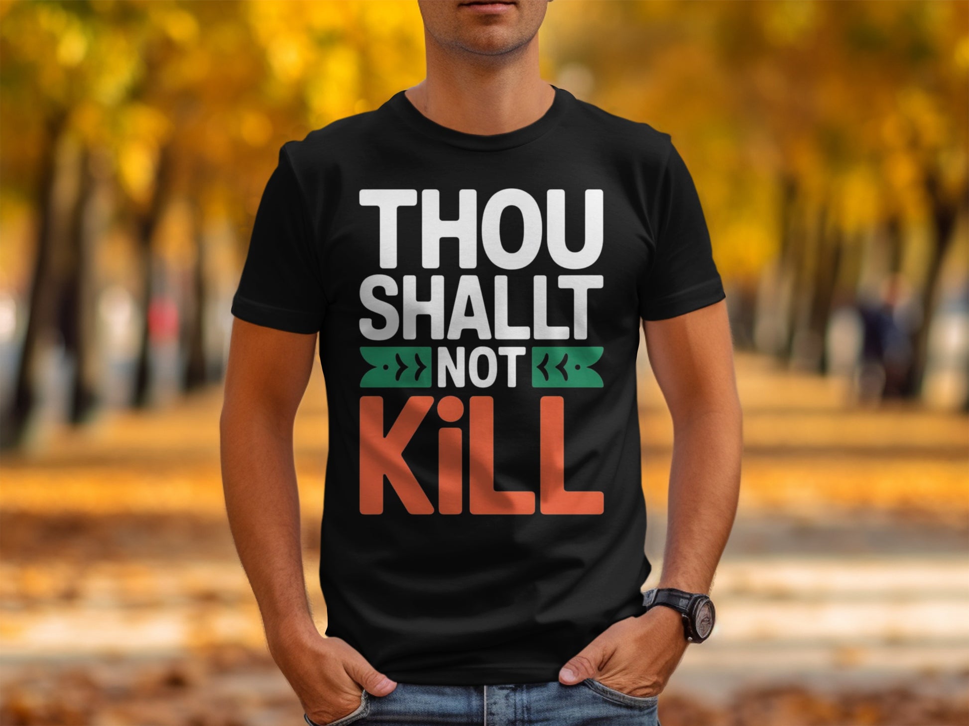 Black t-shirt with white text "THOU SHALT NOT KILL" and green arrows.