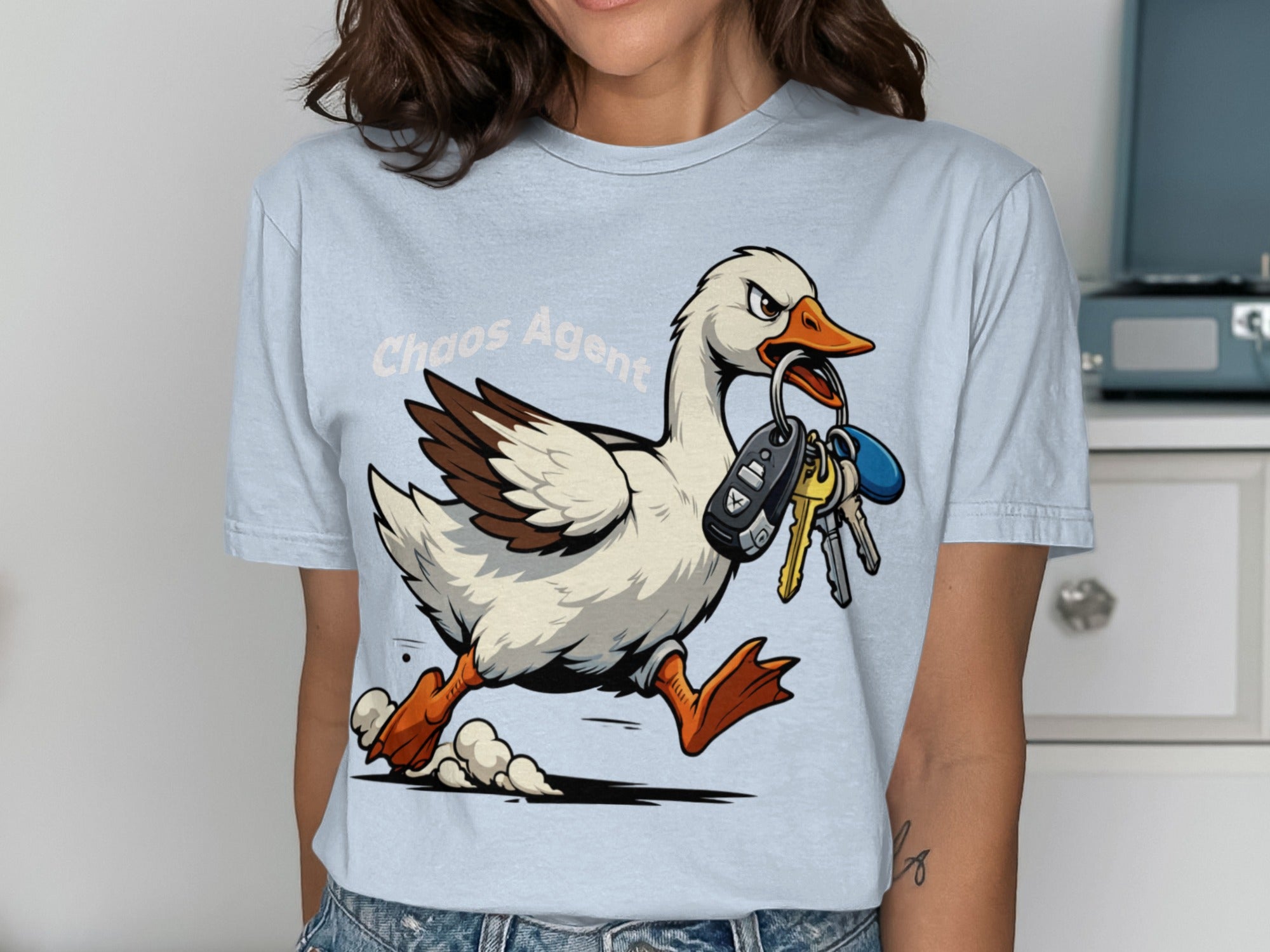Illustration of a goose labeled "Chaos Agent" holding keys in its beak.