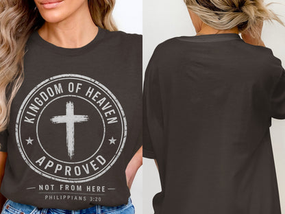 Dark t-shirt with "Kingdom of Heaven Approved" and a cross.