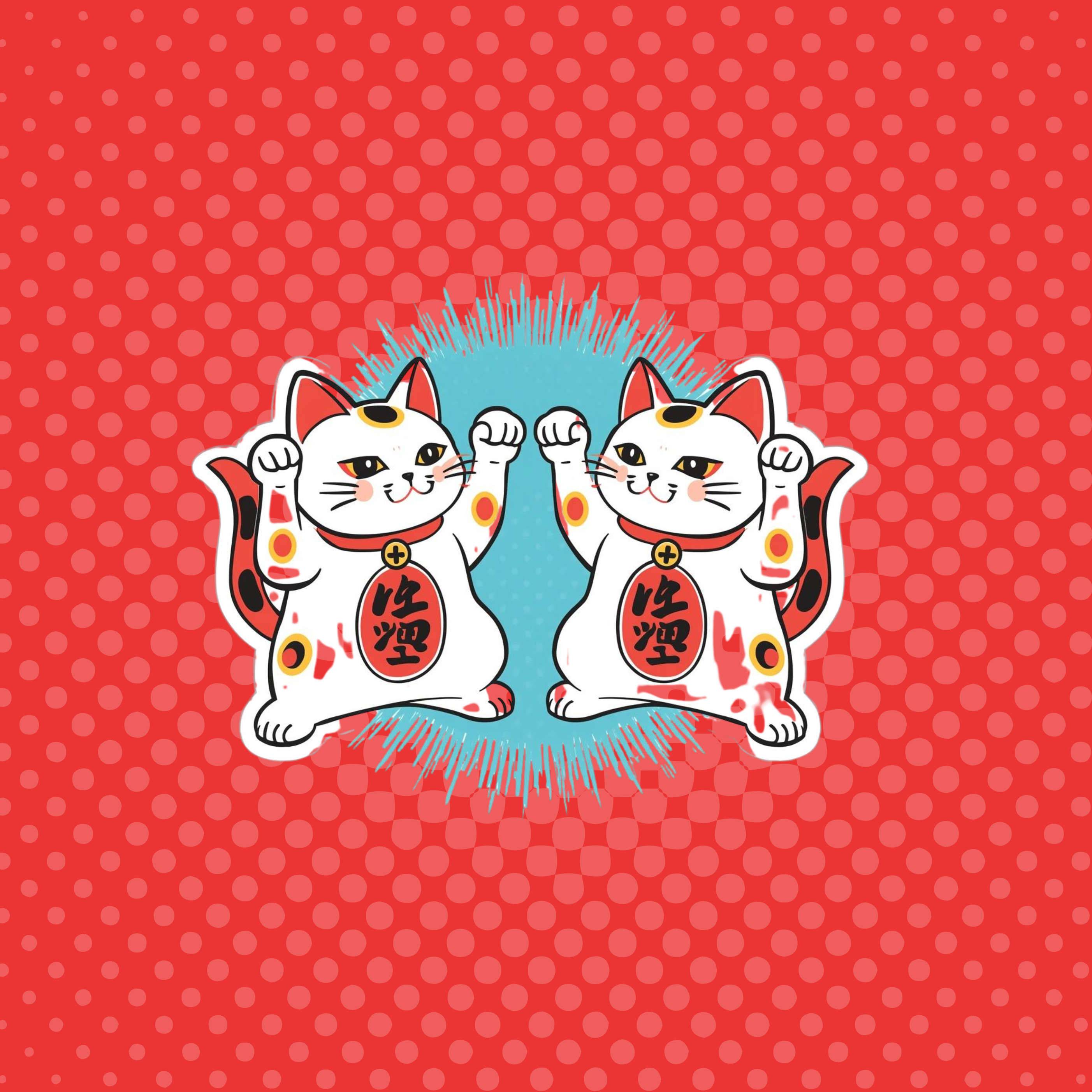 Two maneki-neko cats with Chinese characters on their chests on a red polka-dot background.