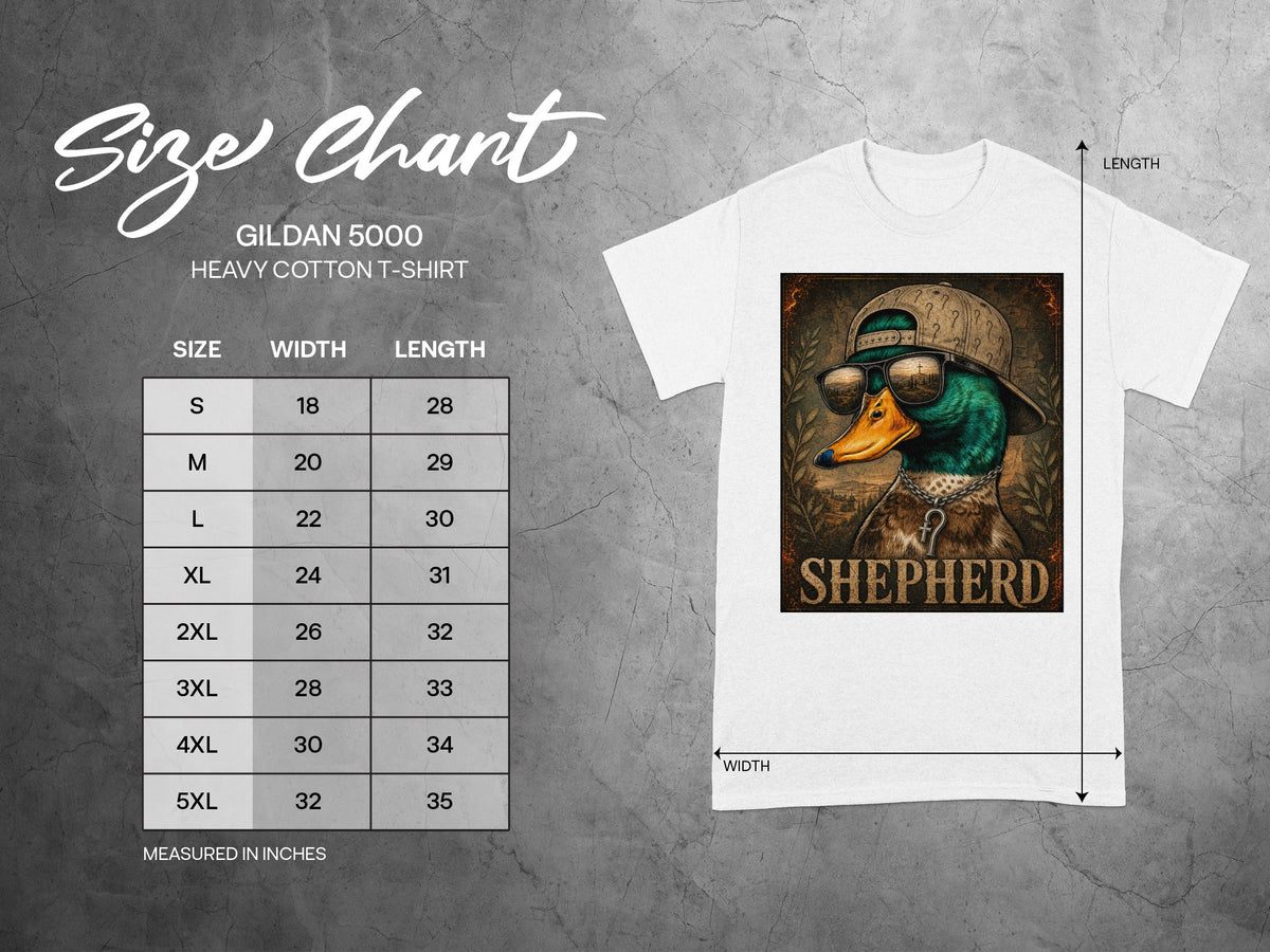 Gildan 5000 Heavy Cotton T-Shirt size chart with a graphic of a duck wearing a hat and sunglasses.