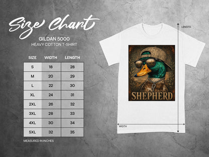 Gildan 5000 Heavy Cotton T-Shirt size chart with a graphic of a duck wearing a hat and sunglasses.