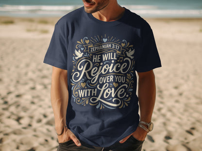 Navy t-shirt with Zephaniah 3:17 scripture and decorative elements.