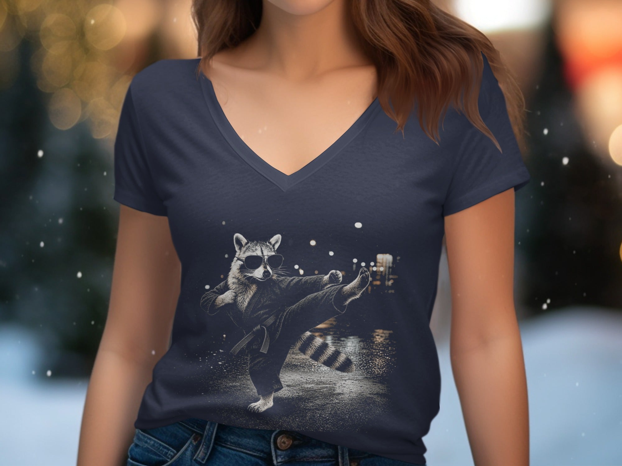 Raccoon in karate gi and sunglasses performing a kick, on a dark t-shirt.