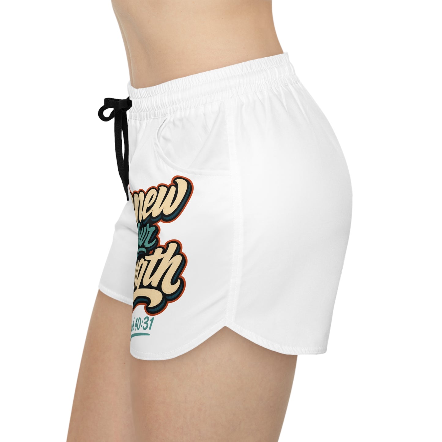 White shorts with "new life for growth" text and bible verse 40:31.