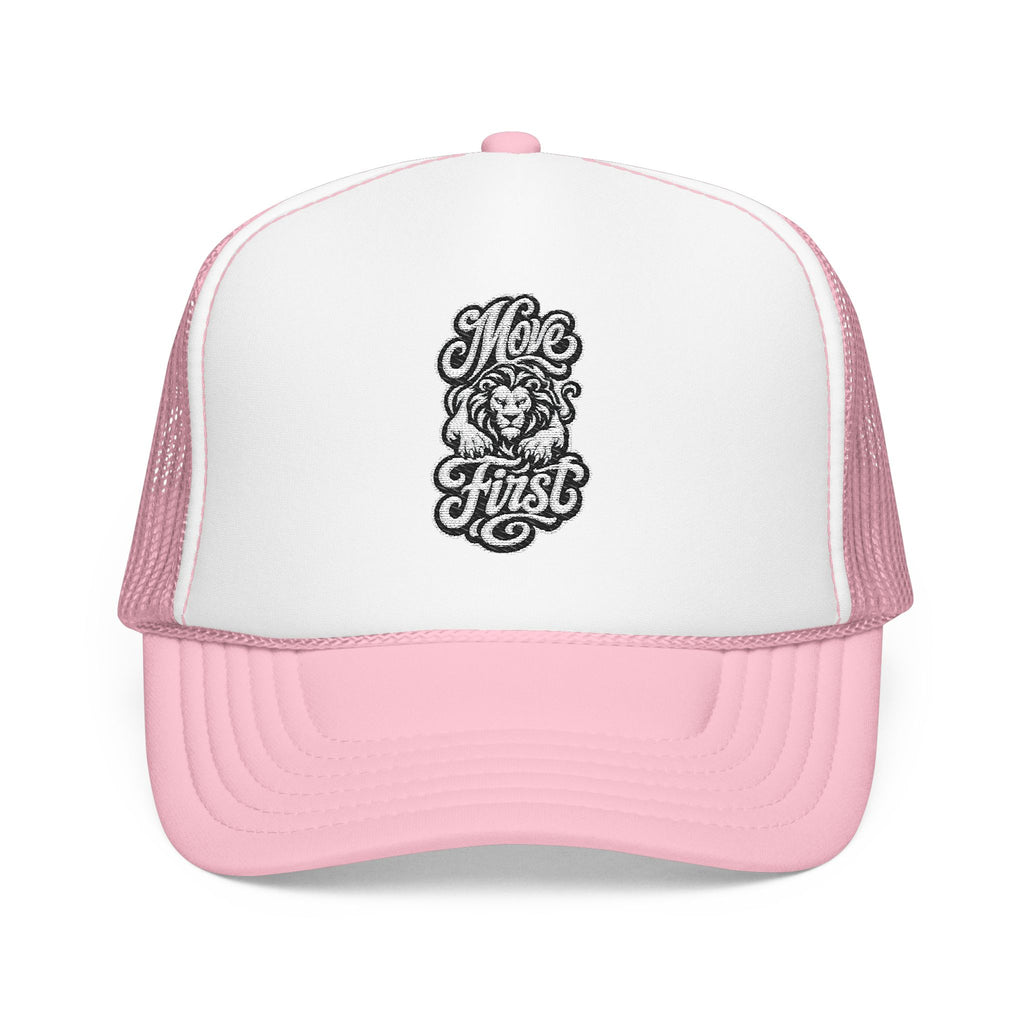 Pink and white trucker hat with embroidered lion and text "Move First".