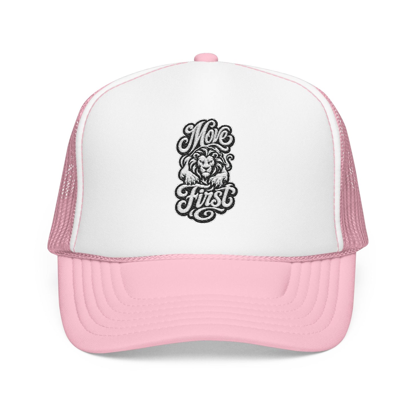 Pink and white trucker hat with embroidered lion and text "Move First".
