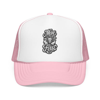 Pink and white trucker hat with embroidered lion and text "Move First".