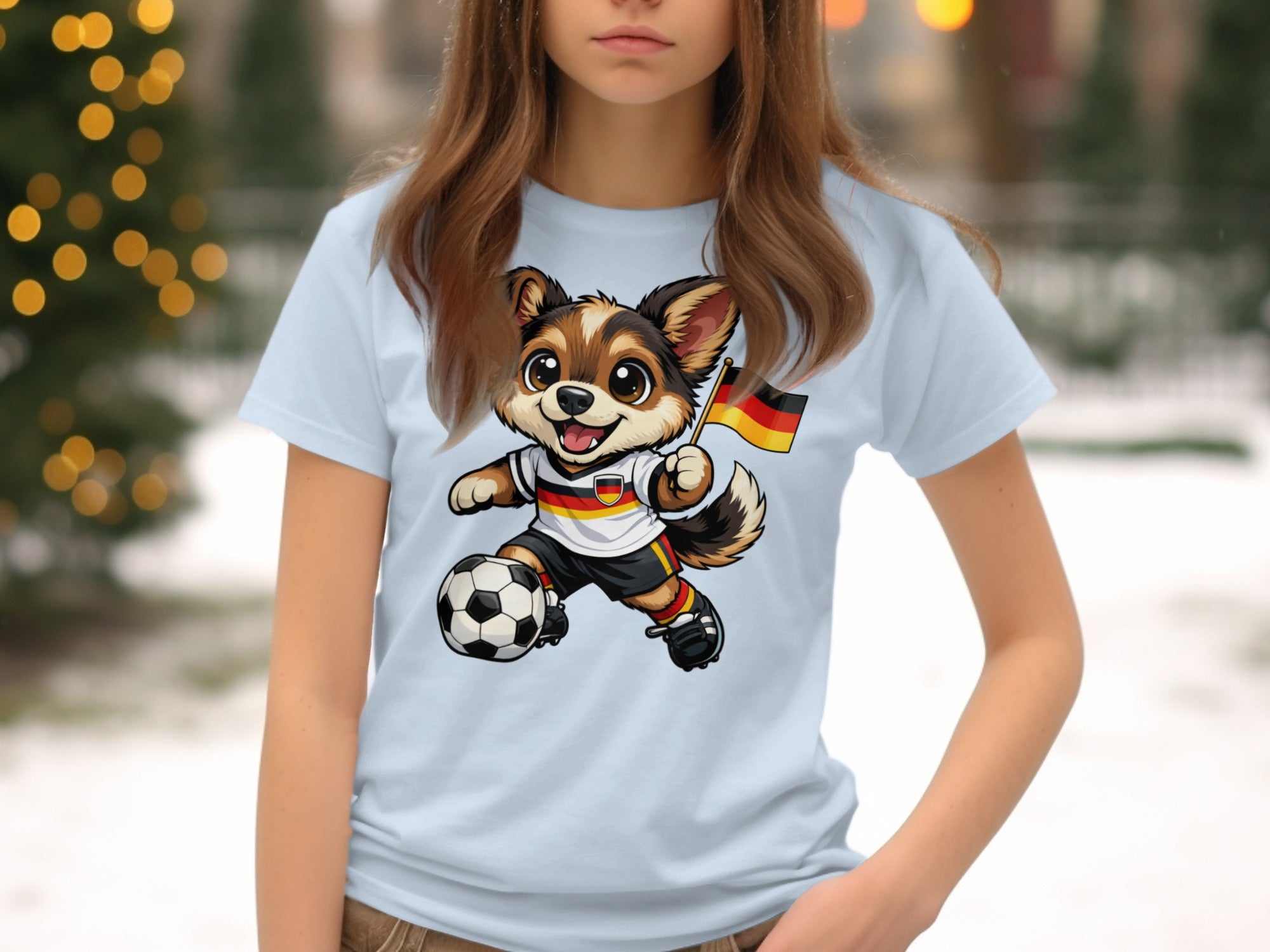 Cartoon dog in German soccer uniform holding flag and kicking soccer ball.