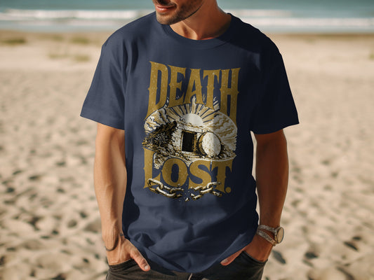 Navy t-shirt with "DEATH LOST" text, tomb, broken chains, and sunburst graphic.