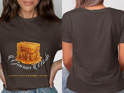 Brown t-shirt with honeycomb and text "Gracious Words Proverbs 16:24 Sweetness to the soul and health to the bones".