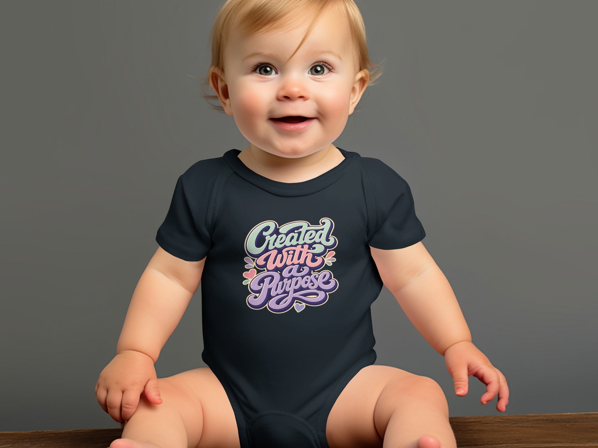 Dark bodysuit on a smiling baby with "Created with a Purpose" text.