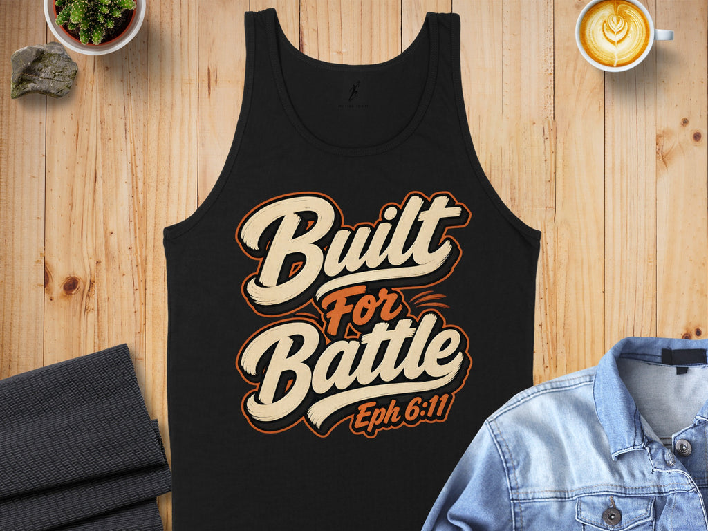 Black tank top with "Built For Battle Eph 6:11" text and graphic design.