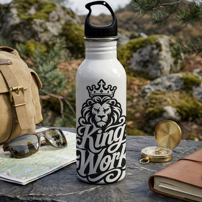 White water bottle with black lion crown and "King Work" text in outdoors setting.