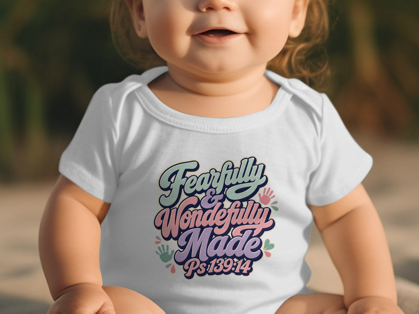 Baby in white onesie with text "Fearfully & Wonderfully Made Ps139:14".