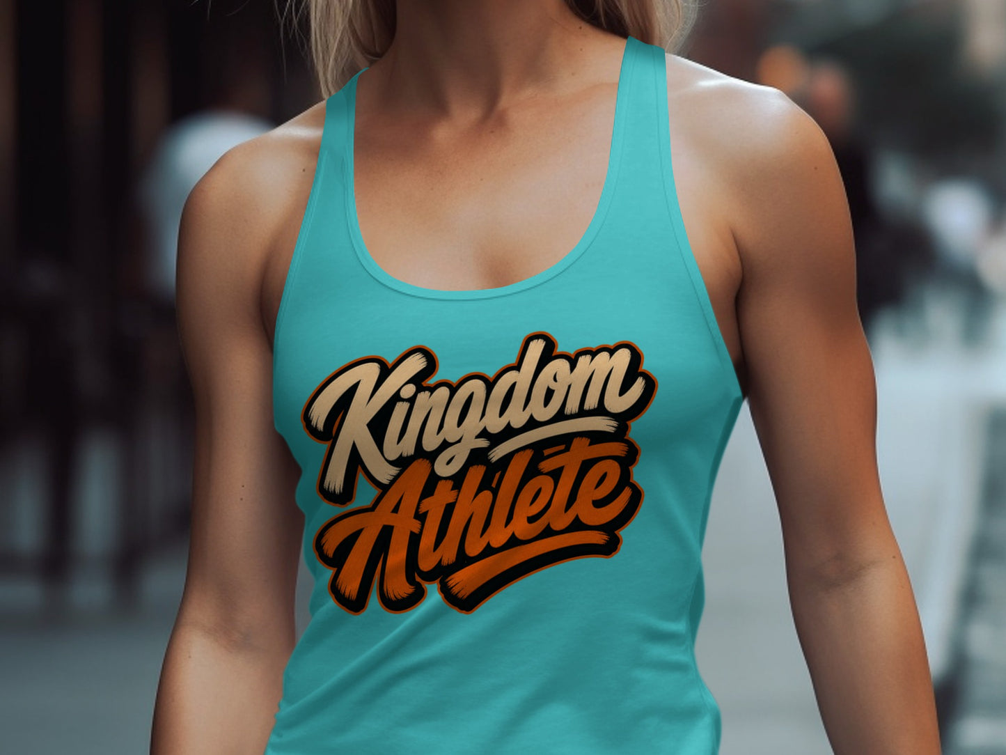 Teal tank top with "Kingdom Athlete" text in cream and orange script.
