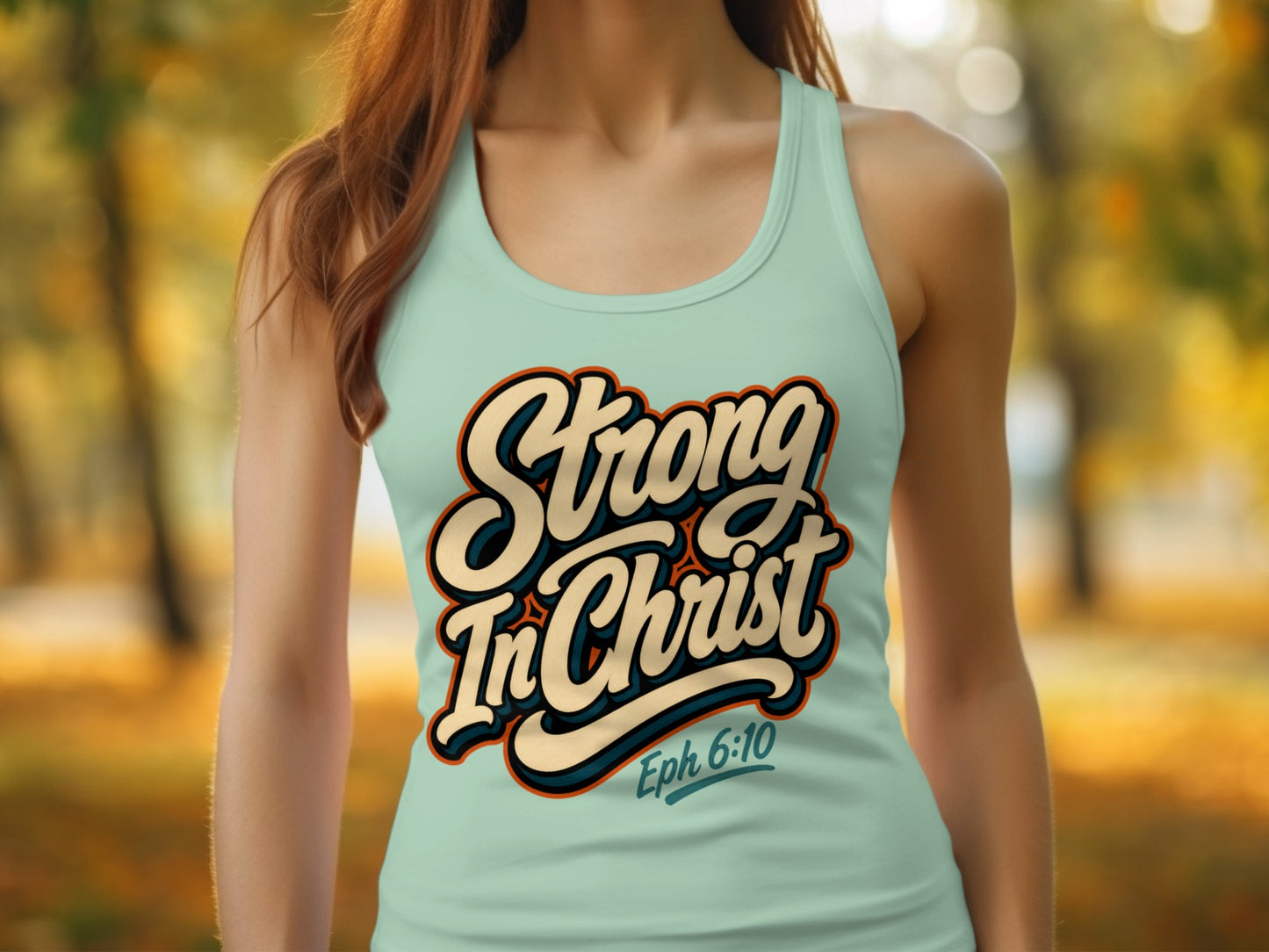 Light blue tank top with "Strong In Christ Eph 6:10" text design.