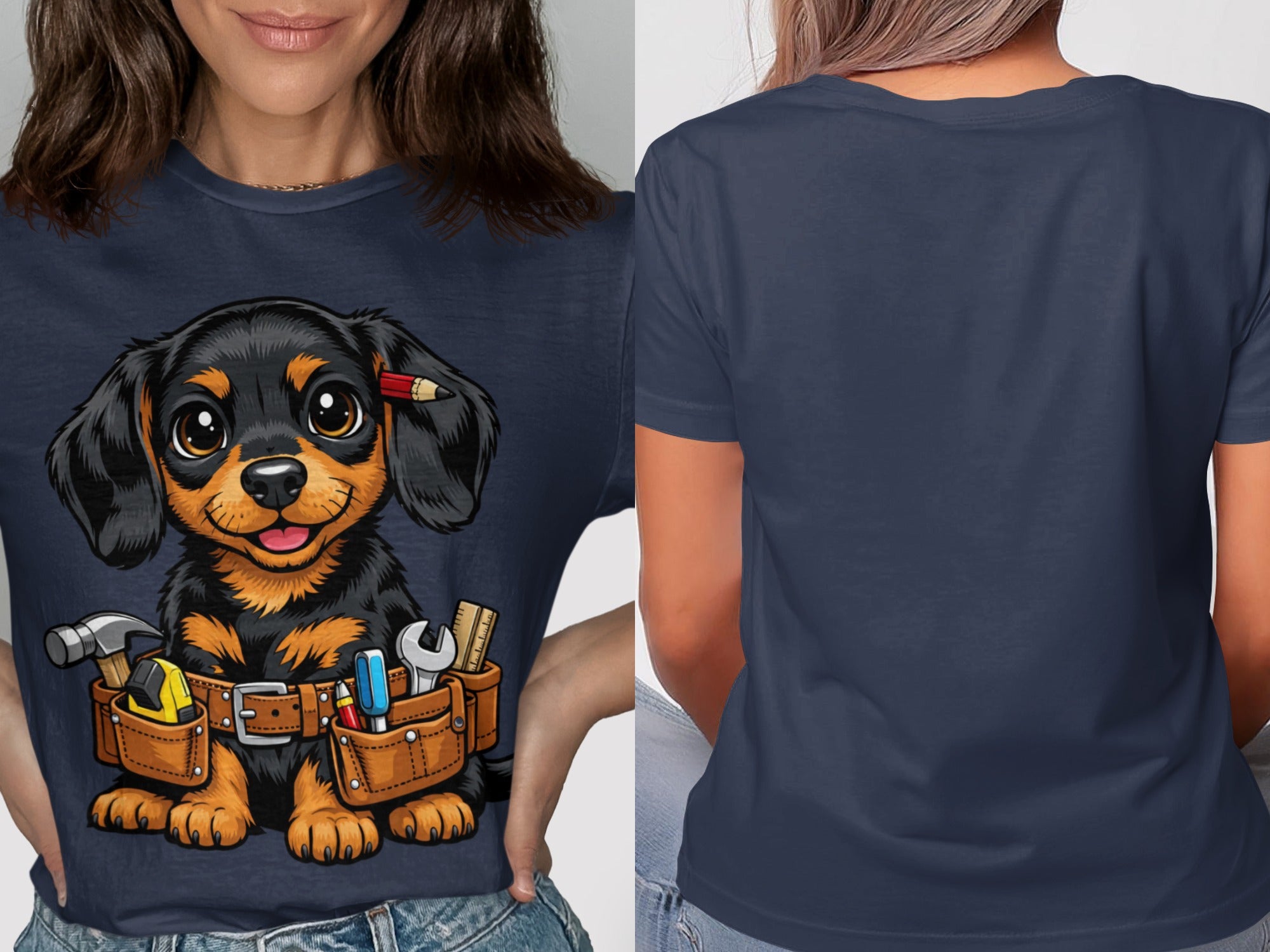 Dachshund puppy wearing a tool belt with pencil behind its ear.